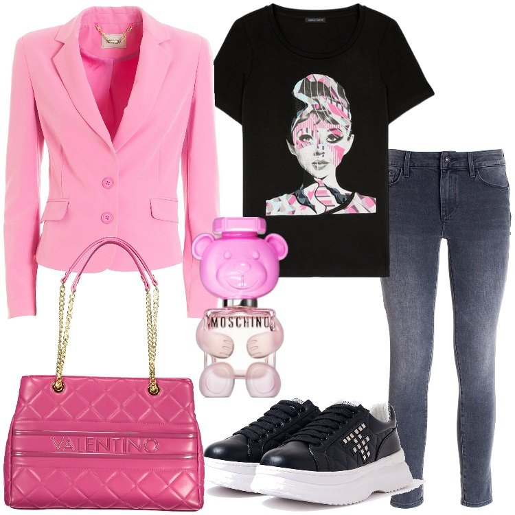 Outfit donna - A cena con le amiche. Stile Trendy per Serata fuori. Abbinamento con profumi, blazer, jeans skinny, sneakers, borse a spalla, t-shirt.