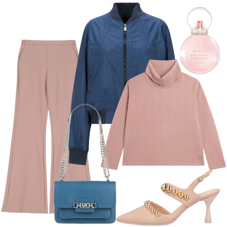 Outfit donna - Décolléte borchiate. Stile Casual per Ufficio. Abbinamento con blazer, décolleté, borse a spalla, profumi, pantaloni, maglieria.