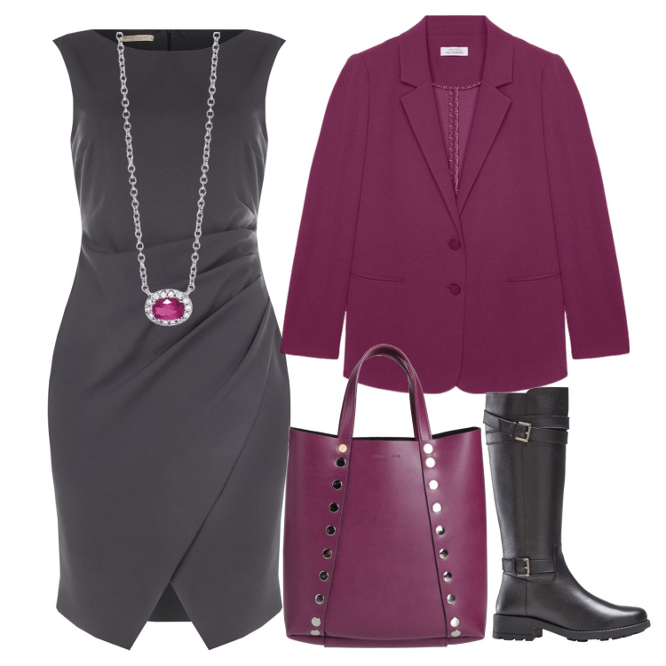 Outfit donna - Il colore in ufficio. Stile Casual chic per Tutti i giorni. Abbinamento con stivali, borse a mano, collane, vestiti a tubino, blazer.