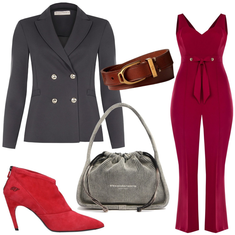 Outfit donna - Stivaletti e tuta. Stile Chic per Serata fuori. Abbinamento con stivaletti, tute, blazer, braccialetti, borse a mano.