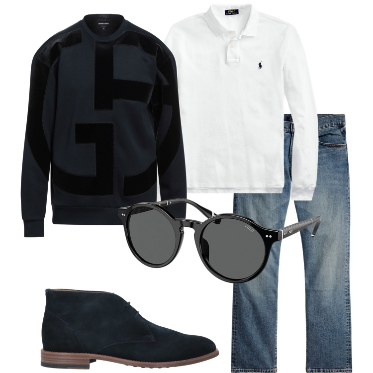 Outfit uomo - Serata con amici. Stile Casual per Serata speciale. Abbinamento con stivali e stivaletti, felpe, polo, jeans dritti, occhiali da sole.