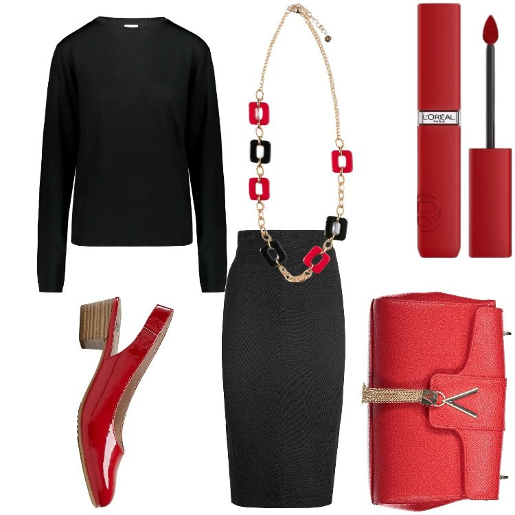 Outfit donna - Due colori. Stile Casual chic per Ufficio. Abbinamento con décolleté, rossetti, gonne lunghe, pullovers, borse a tracolla, ciondoli.