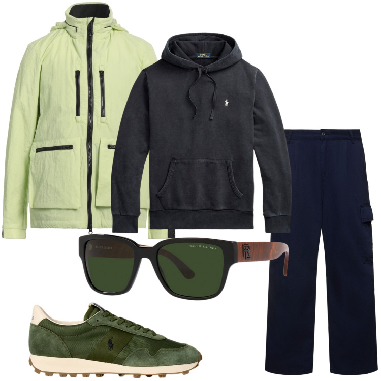 Outfit uomo - Luxury sport. Stile Urban per Sport. Abbinamento con giacche, felpe con cappuccio, occhiali da sole, sneakers, pantaloni cargo.