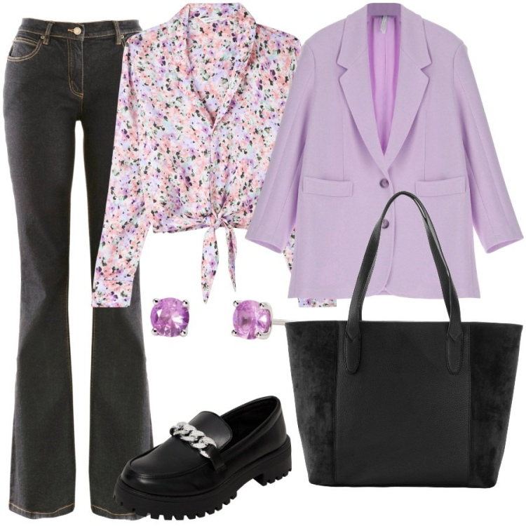 Outfit donna - Total look #1965053. Stile Casual chic per Scuola/Università. Abbinamento con shopping bag, jeans bootcut, camicie, mocassini, orecchini, blazer.