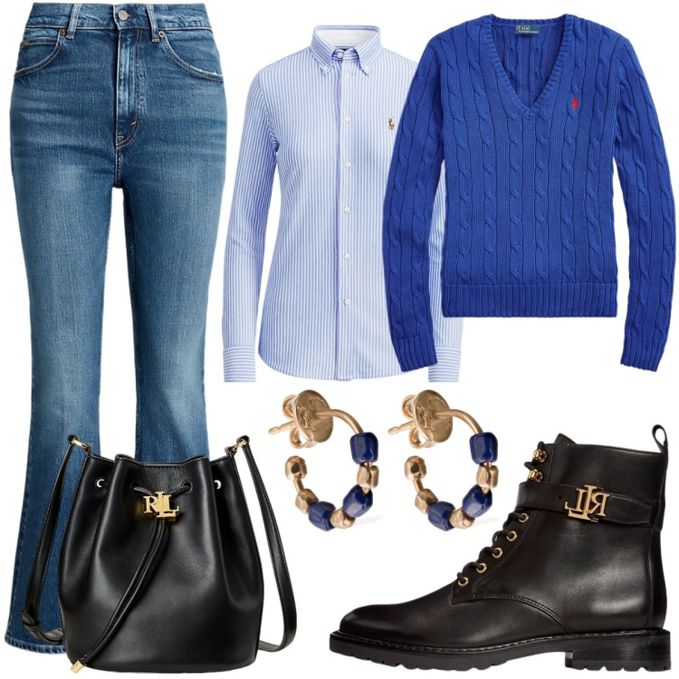 Outfit donna - Casual blu. Stile Casual chic per Tutti i giorni. Abbinamento con camicie, stivaletti, borse a secchiello, maglieria, jeans, orecchini.