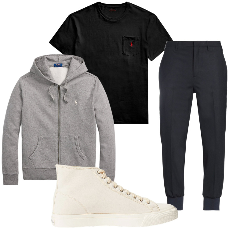 Outfit uomo - Look sportivo. Stile Urban per Sport. Abbinamento con pantaloni, sneakers, t-shirt, felpe con cappuccio.