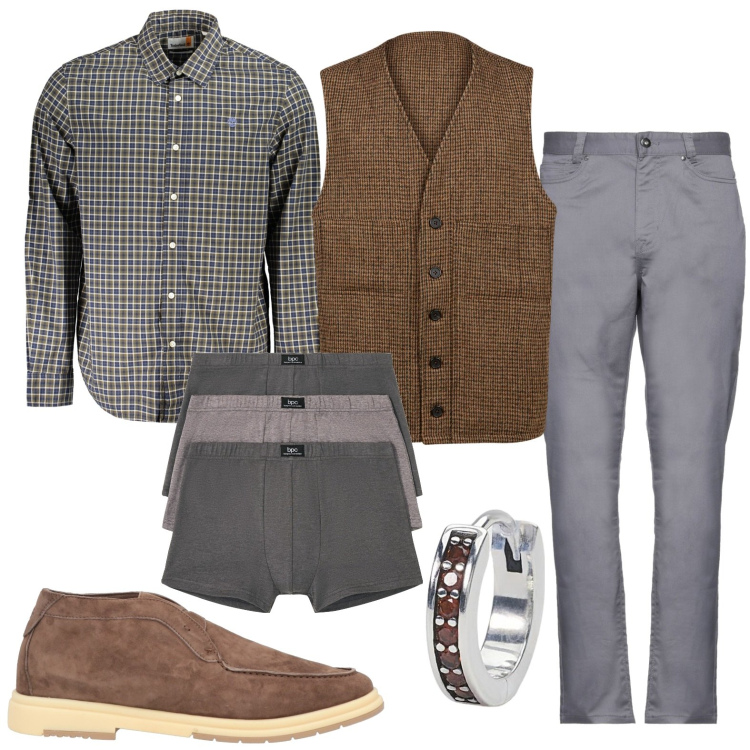 Outfit uomo - Gilet e camicia. Stile Trendy per Ufficio. Abbinamento con boxer, stivali e stivaletti, pantaloni, orecchini, gilet, camicie.