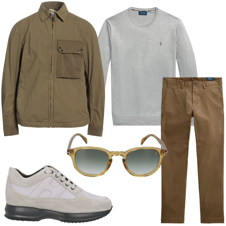 Outfit uomo - Sneakers effetto scamosciato. Stile Trendy per Ufficio. Abbinamento con sneakers, giacche, maglieria, pantaloni, occhiali da sole.