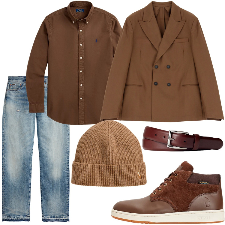 Outfit uomo - Elegante con la giacca doppiopetto. Stile Trendy per Tutti i giorni. Abbinamento con giacche, cinture, jeans dritti, stivali, camicie, berretti.