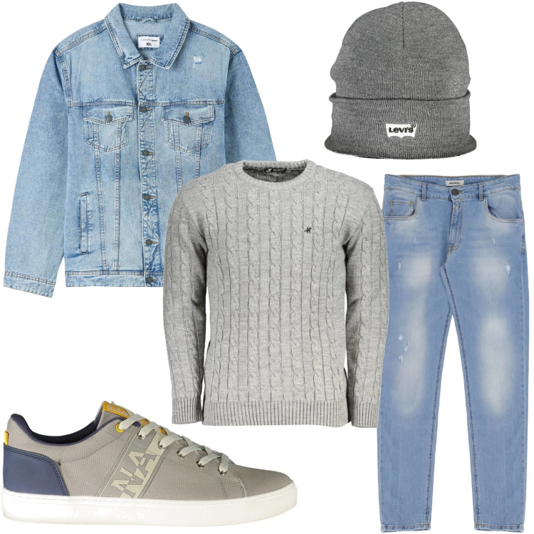 Outfit uomo - Denim sempre al top. Stile Urban per Tutti i giorni. Abbinamento con giacche, jeans slim fit, berretti, maglieria, sneakers.