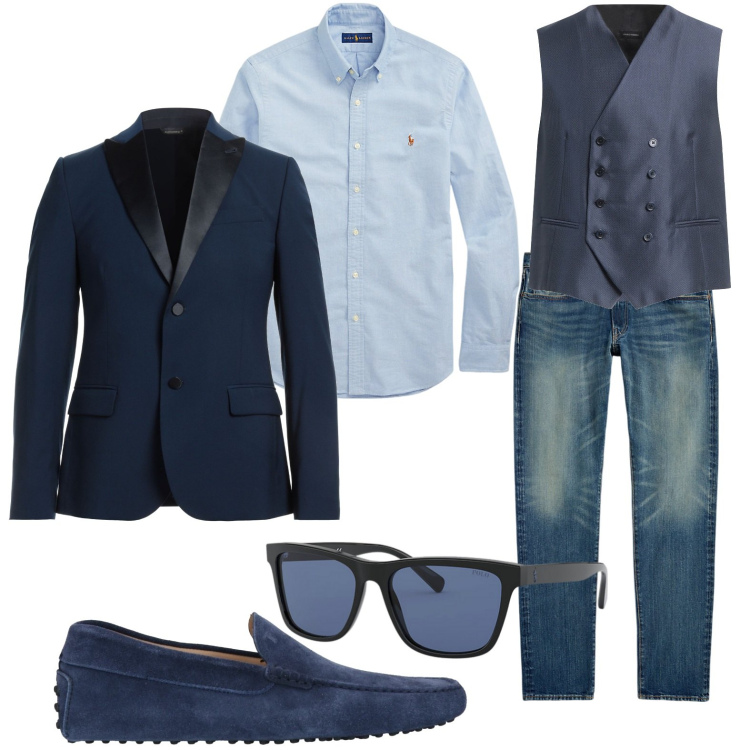 Outfit uomo - Cerimonia casual. Stile Casual per Serata speciale. Abbinamento con gilet, scarpe stringate, giacche, camicie, jeans, occhiali da sole.