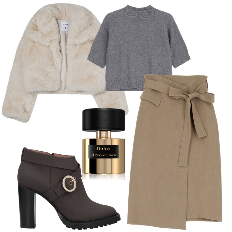 Outfit donna - Autunno. Stile Bon Ton per Serata fuori. Abbinamento con stivaletti, profumi, blazer, gonne longuette, maglieria.