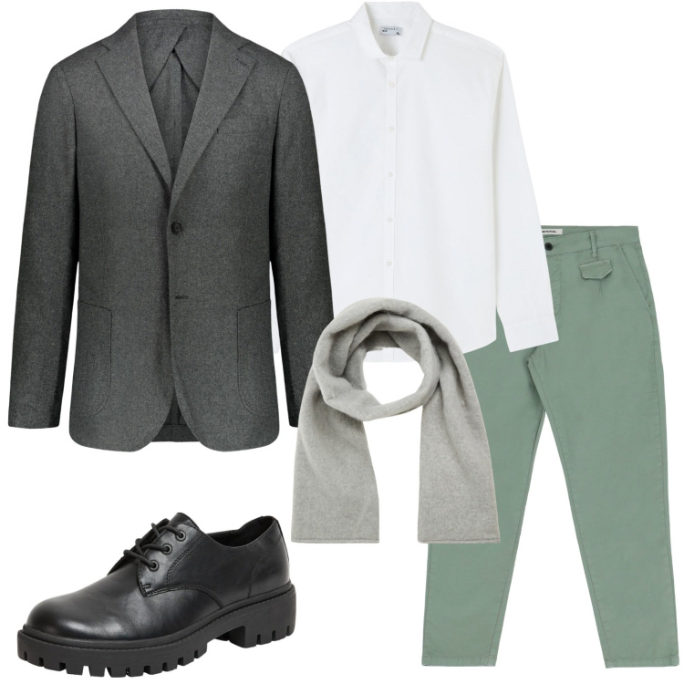 Outfit uomo - Perfetto per l\'ufficio. Stile Trendy per Ufficio. Abbinamento con scarpe stringate, sciarpe e foulard, camicie, pantaloni, giacche.