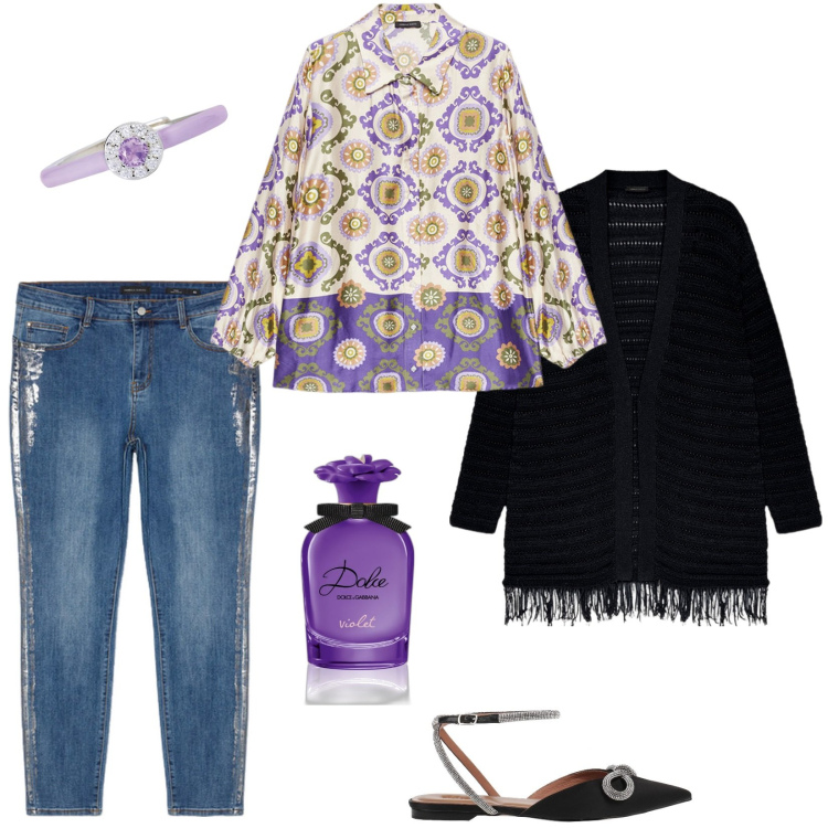 Outfit donna - I jeans con le paillettes. Stile Casual chic per Serata fuori. Abbinamento con ballerine, profumi, camicie, cardigans, jeans skinny, anelli.