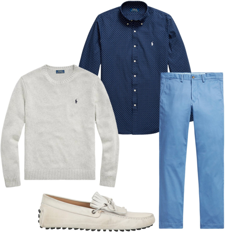 Outfit uomo - Camicia blu e mocassini. Stile Trendy per Ufficio. Abbinamento con scarpe stringate, maglieria, pantaloni, camicie.