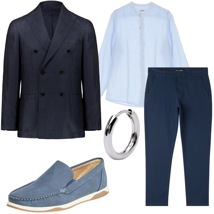 Outfit uomo - Seducente in blu. Stile Trendy per Serata speciale. Abbinamento con pantaloni skinny, scarpe stringate, orecchini, camicie, giacche.