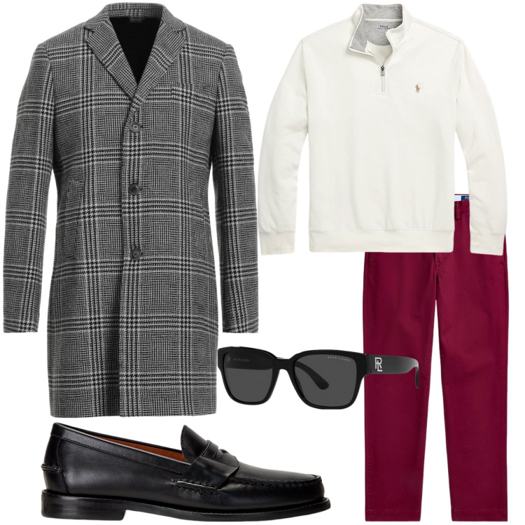 Outfit uomo - Il cappotto principe di galles. Stile Urban per Ufficio. Abbinamento con cappotti, pullovers, scarpe stringate, pantaloni chino, occhiali da sole.