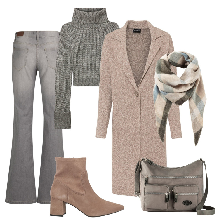 Outfit donna - Used e mélange. Stile Casual per Tutti i giorni. Abbinamento con cappotti, jeans bootcut, sciarpe, borse a tracolla, stivaletti, maglieria.