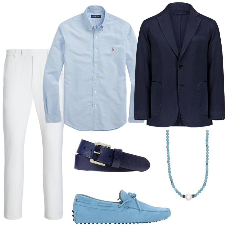 Outfit uomo - Raffinato in blazer blu. Stile Trendy per Serata speciale. Abbinamento con scarpe stringate, collane, camicie, cinture, pantaloni, giacche.