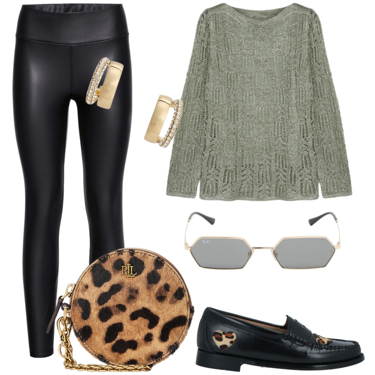 Outfit donna - In città. Stile Trendy per Tutti i giorni. Abbinamento con leggings, mocassini, pochette, orecchini, maglieria, occhiali da sole.