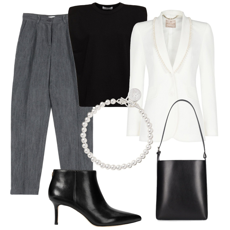 Outfit donna - Total look #1965158. Stile Casual chic per Serata fuori. Abbinamento con blazer, braccialetti, stivaletti, pantaloni, t-shirt, borse a spalla.