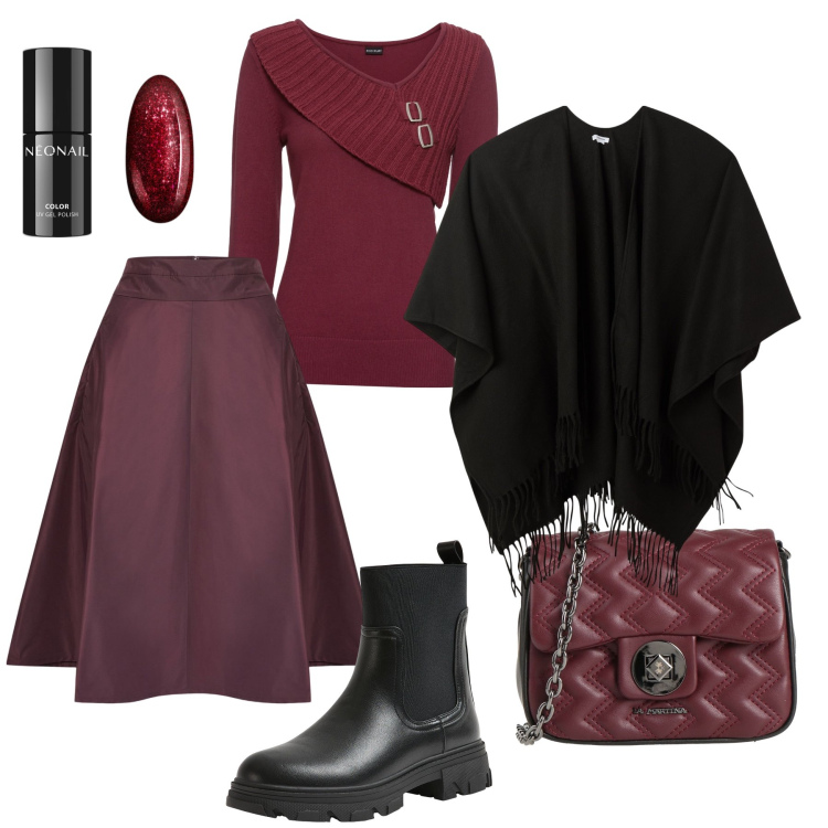 Outfit donna - Gonna mezza ruota e Chelsea combat. Stile Trendy per Tutti i giorni. Abbinamento con maglieria, borse a tracolla, smalti, cappe, stivaletti chelsea, gonne.