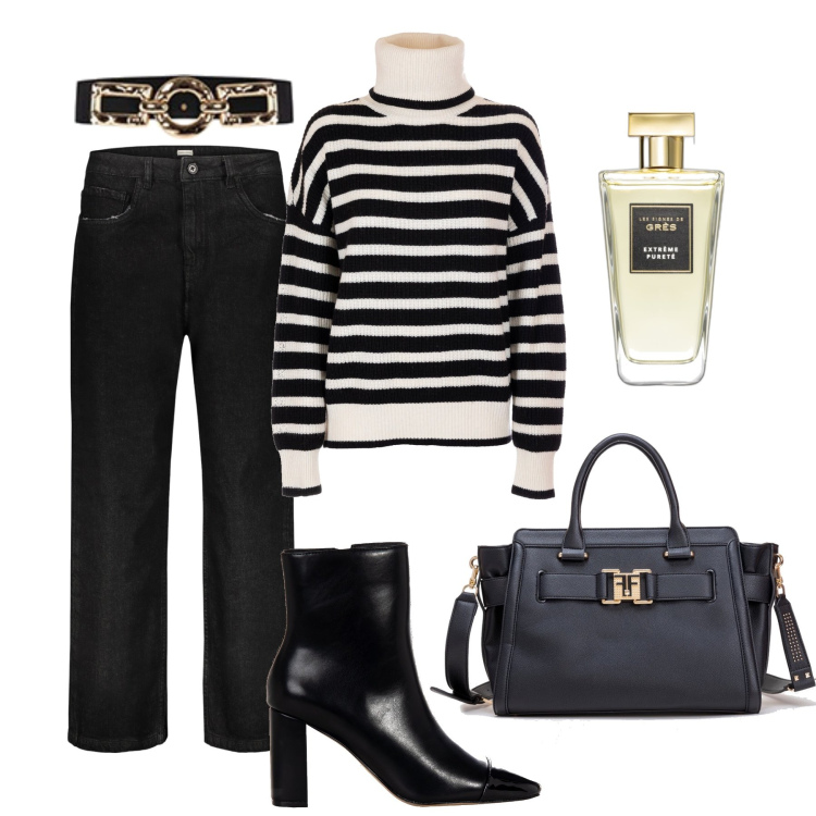 Outfit donna - Il maglione over a righe sui jeans. Stile Trendy per Tutti i giorni. Abbinamento con profumi, cinture, stivaletti, borse tote, maglieria, jeans.