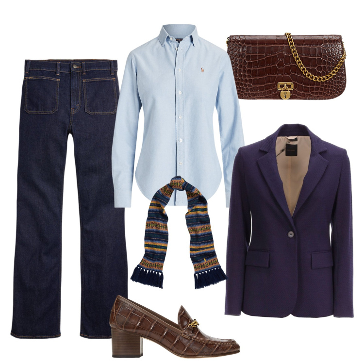 Outfit donna - Aperitivo con il blazer passpartout. Stile Casual chic per Tutti i giorni. Abbinamento con camicie, jeans bootcut, décolleté, borse a tracolla, sciarpe, blazer.