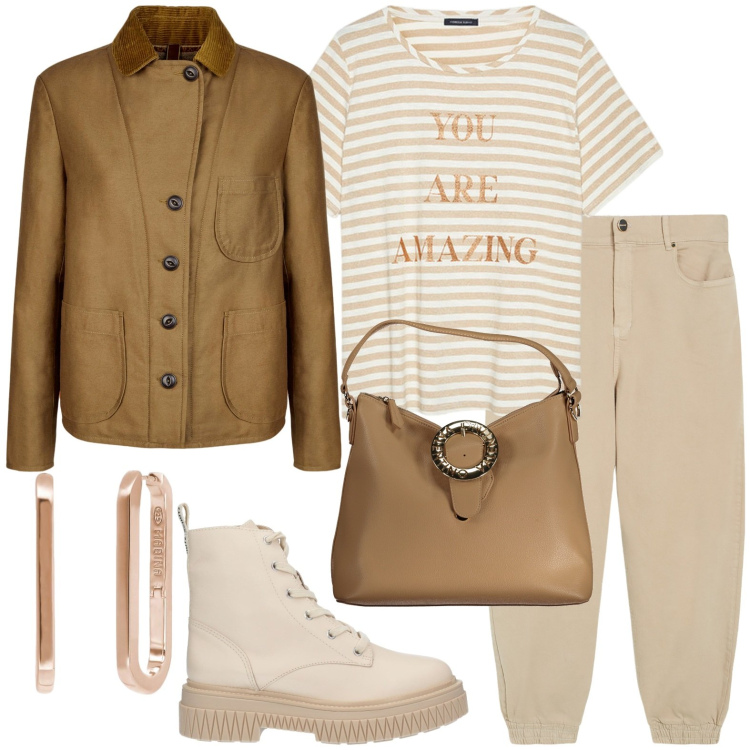 Outfit donna - Total look #1965202. Stile Casual per Tutti i giorni. Abbinamento con stivaletti, orecchini, jeans skinny, blazer, borse a spalla, t-shirt.