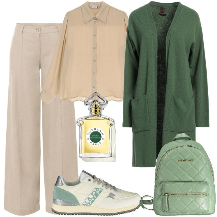 Outfit donna - Total look #1965205. Stile Minimal per Tutti i giorni. Abbinamento con pantaloni a palazzo, cardigans, profumi, camicie, scarpe sportive, zaini.