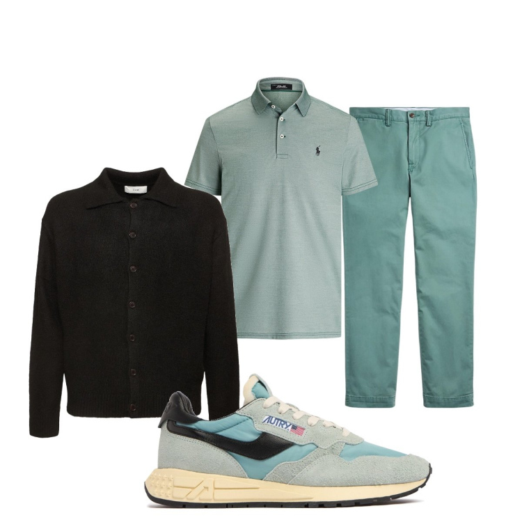 Outfit uomo - Verde acqua. Stile Trendy per Ufficio. Abbinamento con pantaloni, polo, sneakers, cardigans.
