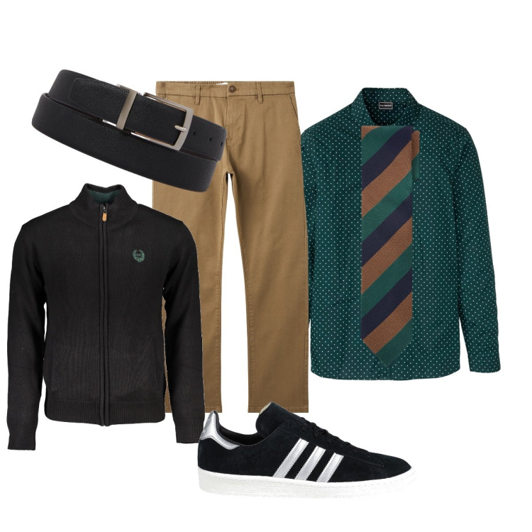 Outfit uomo - Casual ma con cravatta. Stile Casual per Tutti i giorni. Abbinamento con camicie, sneakers, pantaloni chino, cinture, cardigans, cravatte.