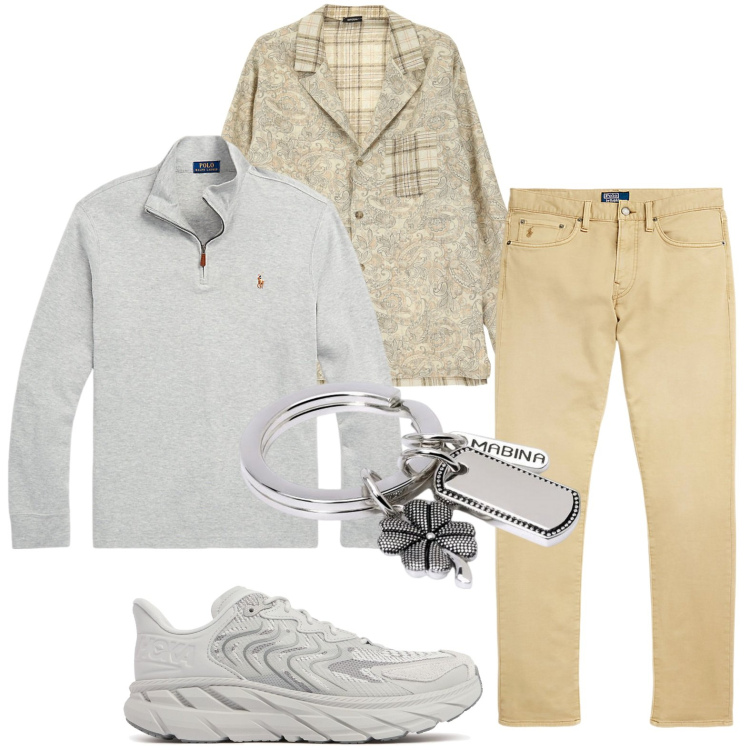 Outfit uomo - Toni pastello. Stile Casual per Tutti i giorni. Abbinamento con portachiavi, camicie, pullovers, pantaloni chino, sneakers.
