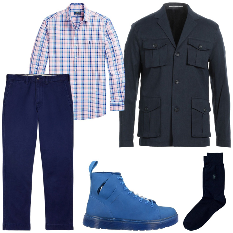 Outfit uomo - La giacca multitasche. Stile Casual per Ufficio. Abbinamento con giacche, sneakers alte, calzini, pantaloni chino, camicie.