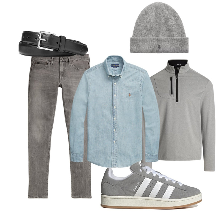 Outfit uomo - Grigio sfumato. Stile Trendy per Ufficio. Abbinamento con cinture, camicie, berretti, pullovers, jeans, sneakers.