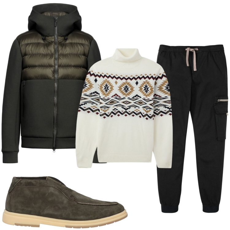 Outfit uomo - Il maglione soffice. Stile Casual per Tutti i giorni. Abbinamento con pantaloni cargo, piumini, stivali e stivaletti, maglieria.