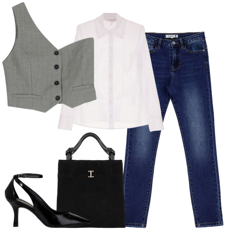 Outfit donna - Total look #1965251. Stile Casual chic per Tutti i giorni. Abbinamento con camicie, gilet, jeans skinny, shopping bag, décolleté.