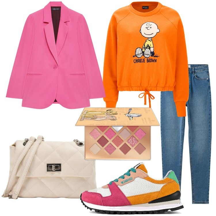 Outfit donna - Casual Chic colorato. Stile Casual chic per Tutti i giorni. Abbinamento con ombretti, jeans skinny, borse a spalla, felpe, scarpe sportive, blazer.