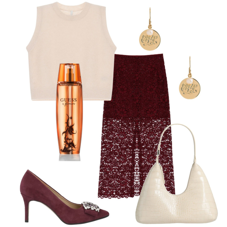 Outfit donna - Maglioncino senza maniche. Stile Chic per Serata fuori. Abbinamento con borse a spalla, décolleté, profumi, gonne longuette, maglieria, orecchini.