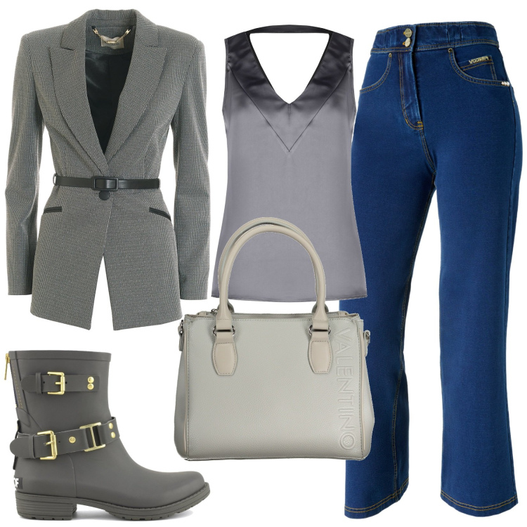 Outfit donna - Total look #1965297. Stile Casual chic per Ufficio. Abbinamento con top, blazer, jeans, stivali, borse a spalla.