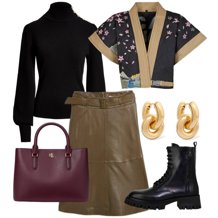 Outfit donna - Japan. Stile Chic per Tutti i giorni. Abbinamento con gonne, stivali, maglieria, borse a mano, kimono, orecchini.