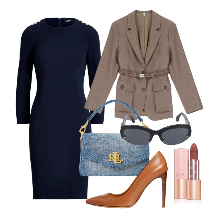 Outfit donna - La sahariana sul tubino. Stile Chic per Ufficio. Abbinamento con rossetti, blazer, vestiti, borse a tracolla, décolleté, occhiali da sole.