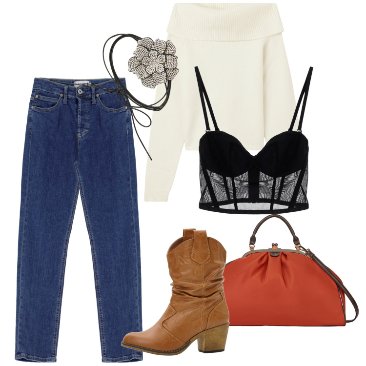Outfit donna - Un tocco sexy. Stile Casual chic per Tutti i giorni. Abbinamento con stivaletti texani, maglieria, collane, jeans slim fit, top, borse a spalla.