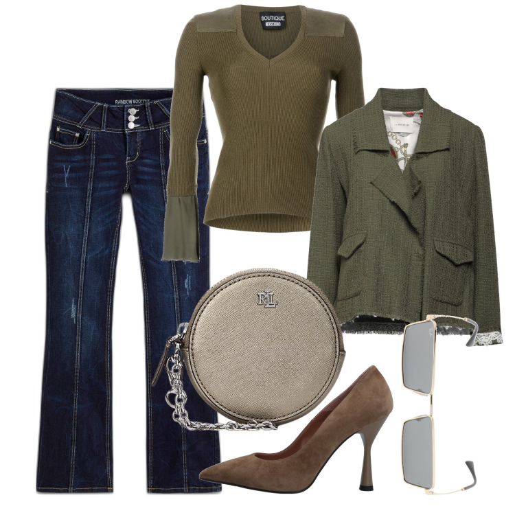 Outfit donna - Aria autunnale. Stile Casual chic per Tutti i giorni. Abbinamento con jeans bootcut, blazer, pullovers, décolleté, pochette, occhiali da sole.
