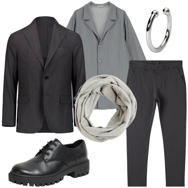 Outfit uomo - just gray for today. Stile Urban per Ufficio. Abbinamento con pantaloni chino, sciarpe, scarpe stringate, orecchini, camicie, giacche.