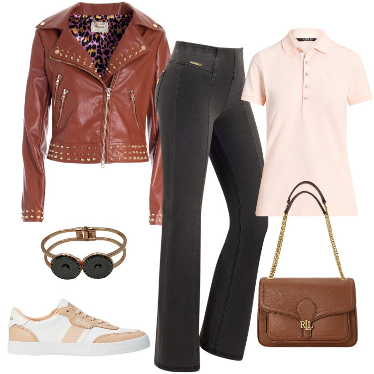 Outfit donna - Il blazer per settembre. Stile Casual chic per Tutti i giorni. Abbinamento con blazer, jeans a zampa, borse a spalla, sneakers, polo, braccialetti.
