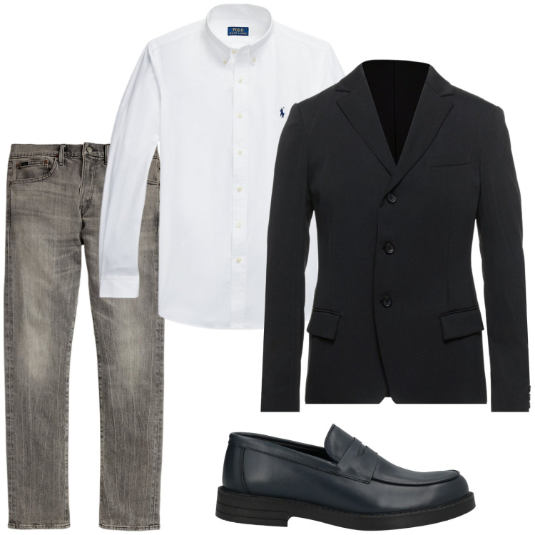 Outfit uomo - Minimal style. Stile Casual per Ufficio. Abbinamento con giacche, scarpe stringate, camicie, jeans.