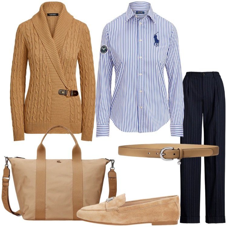 Outfit donna - Pantaloni e camicia rigati. Stile Preppy per Tutti i giorni. Abbinamento con mocassini, pantaloni, camicie, borse tote, maglieria, cinture.