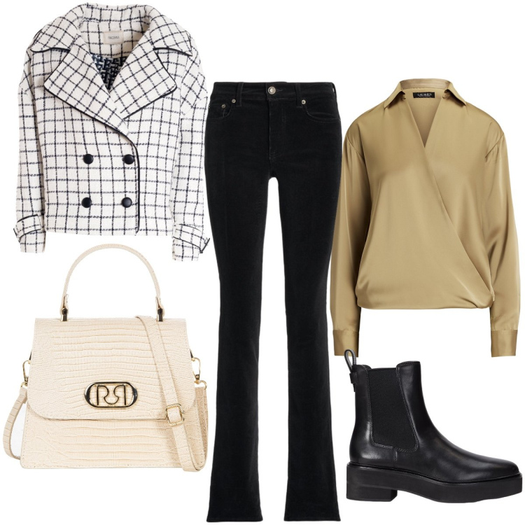 Outfit donna - Il blazer a quadri. Stile Urban per Ufficio. Abbinamento con borse a mano, blazer, pantaloni, stivaletti chelsea, camicie.