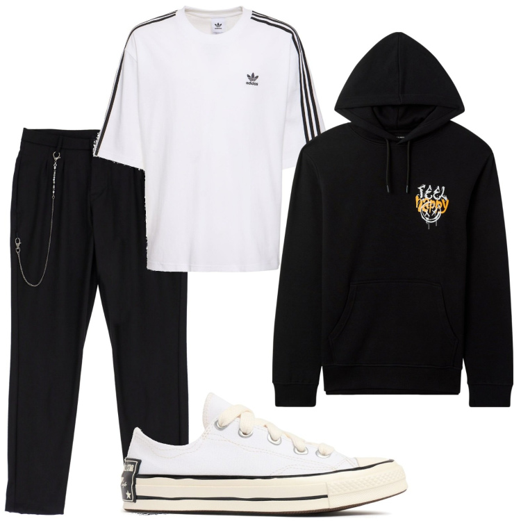 Outfit uomo - Sporty casual. Stile Trendy per Tutti i giorni. Abbinamento con felpe con cappuccio, pantaloni, t-shirt, sneakers.
